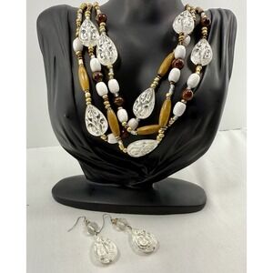 Necklace & Earrings Set Boho Layered Beaded Wood White Glass Look Teardrop‎ NWOT